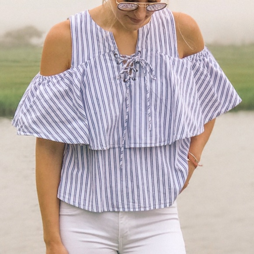 J.O.A. Cold shoulder striped top